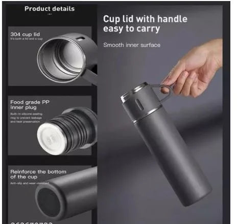 Premium Vacuum Flask Set – 500ml Stainless Steel Insulated Bottle with 3 Cups